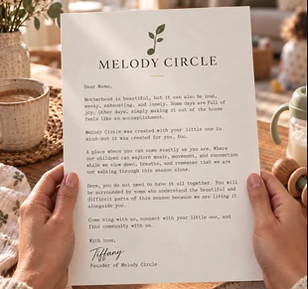 A letter from Tiffany, founder of Melody Circle, addressed Dear Mama, held over a kitchen table